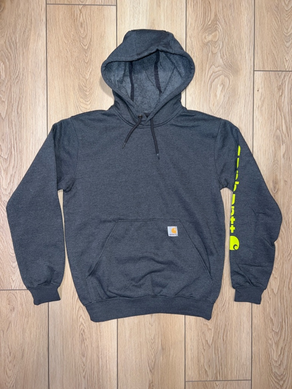 Carhartt Men’s Charcoal Hoodie with Neon Sleeve Logo - Picture 7 of 16